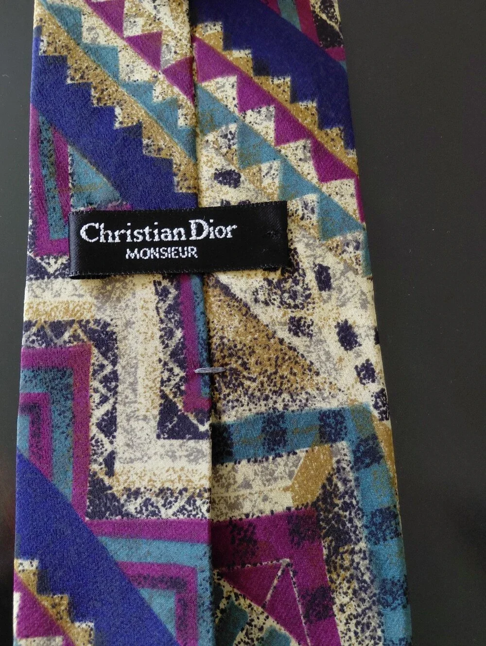Dior Mens Geometric Purple Teal Gold Patterned Silk Tie